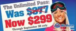 Mt. Rose Season Pass Deal $299, Source: mtrose.com