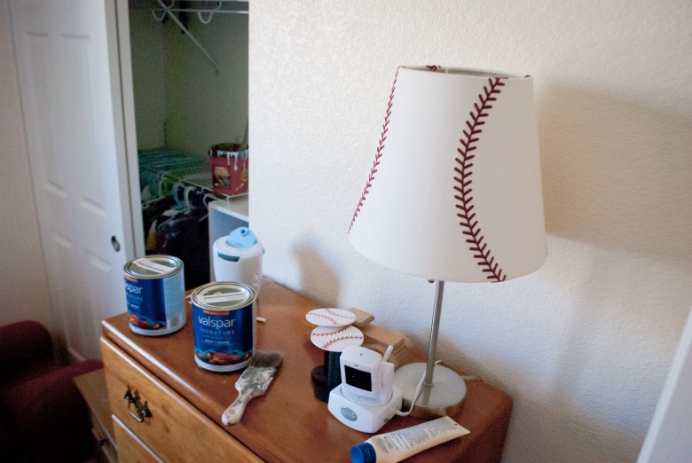 Boy's Room Baseball Wall: Pottery Barn Kids lamp shade, 2013 Copyright Will Hull, Windy Pinwheel