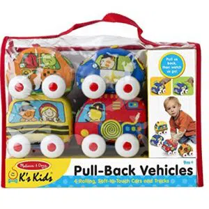 Melissa & Doug K's Kids Pull-Back Vehicle Set - Soft Baby Toy Set With 4 Cars and Trucks and Carrying Case pull-back