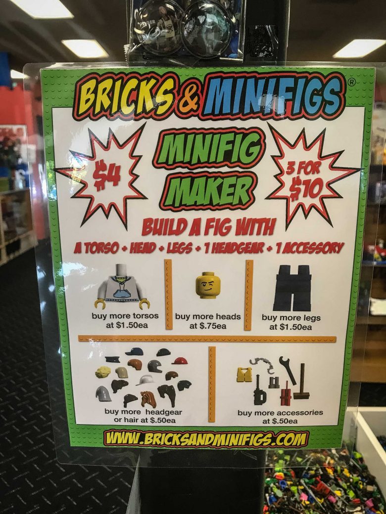 Bricks & Minifigs Reno, Nevada: Open bin minifig maker prices as of Fall 2017, 2017 Copyright Will Hull, Windy Pinwheel bricks %26 minifigs